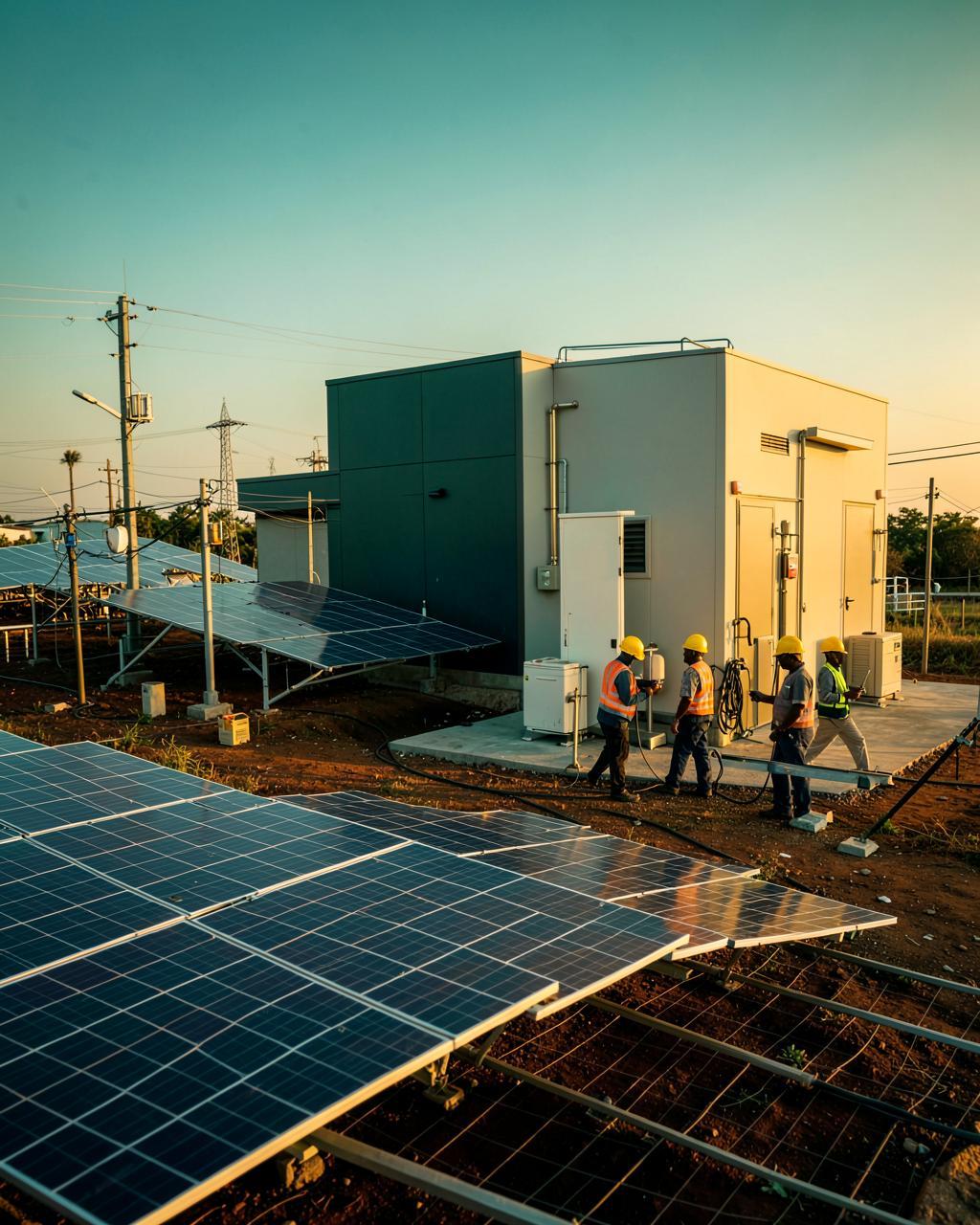 Engineers inspecting a modern solar energy facility